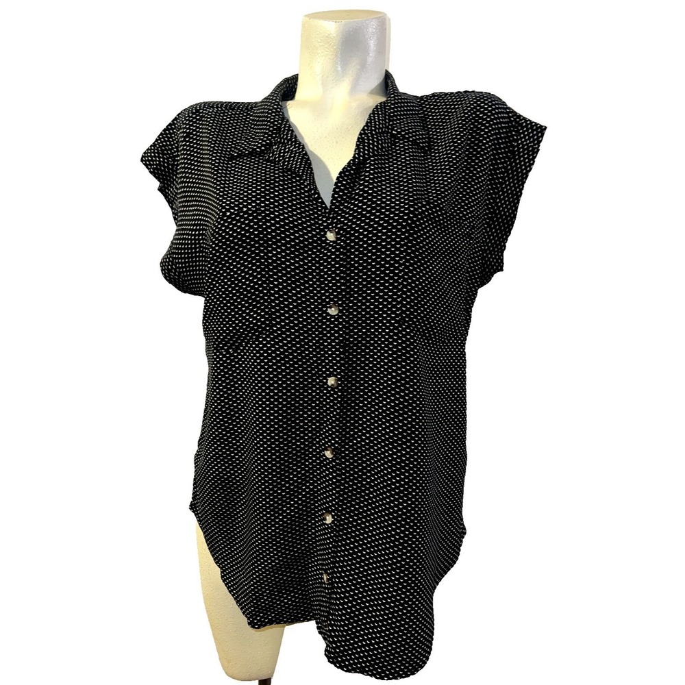 Jachs Girlfriend Womens Black White Polka Dot Button Down Cap Sleeve Shirt L